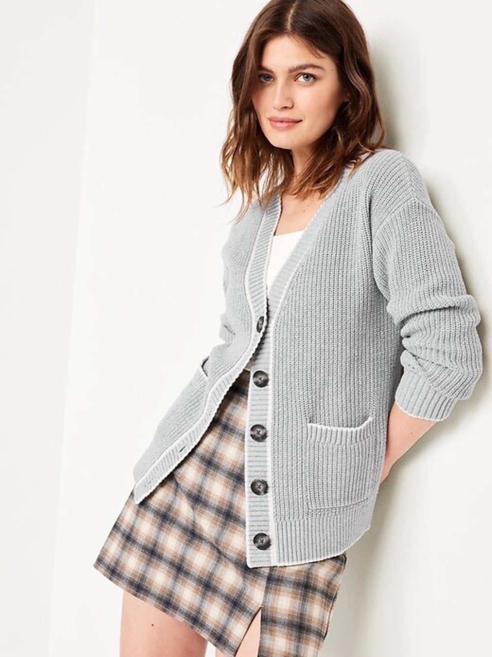 Old Navy Light Gray Ribbed Cotton Varsity Cardigan with Cream Trim Small